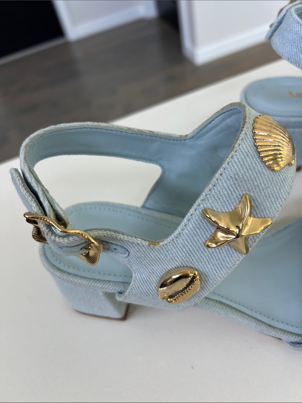 Larroude madison block light blue denim maya heels open toe sandals gold 6 - Picture 10 of 16
